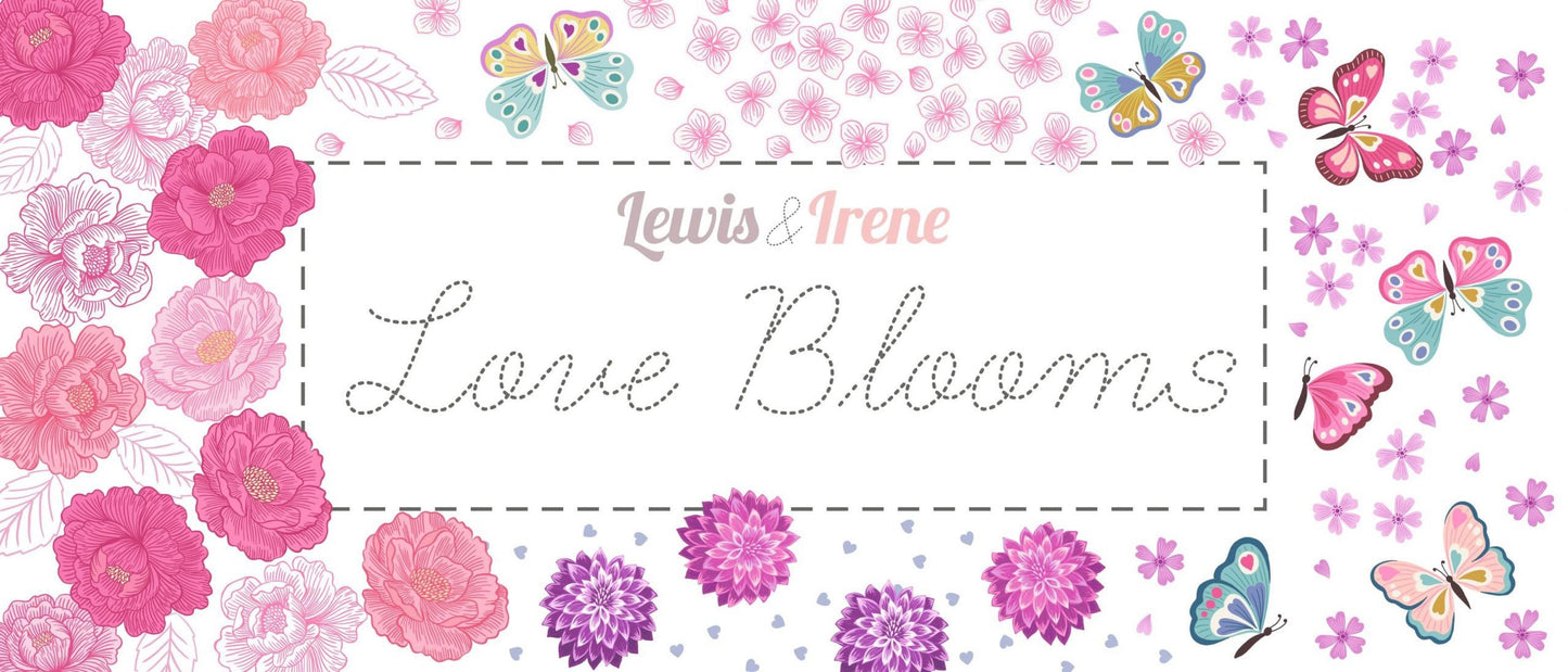 Lewis & Irene’s Love Blooms Fabric Collection Dahlias and Hearts on Pale Pink Premium 100% Cotton Quilt Shop Quality Fabrics