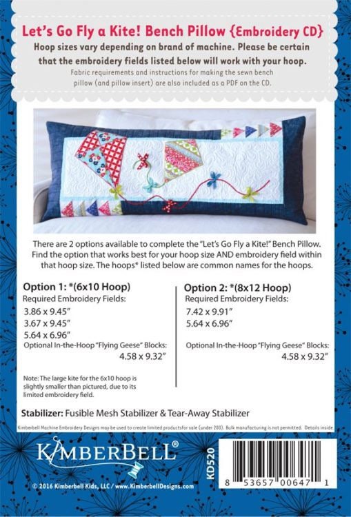 RETIRED!! Kimberbell Let’s Fly a Kite Bench Pillow Collection (Optional Machine Embroidery CD or Sewing Version)