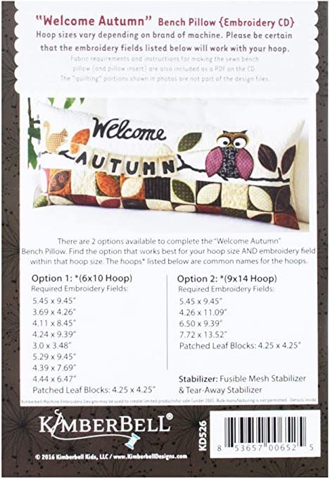 Kimberbell Welcome Autumn Bench Pillow Collection Machine Embroidery CD