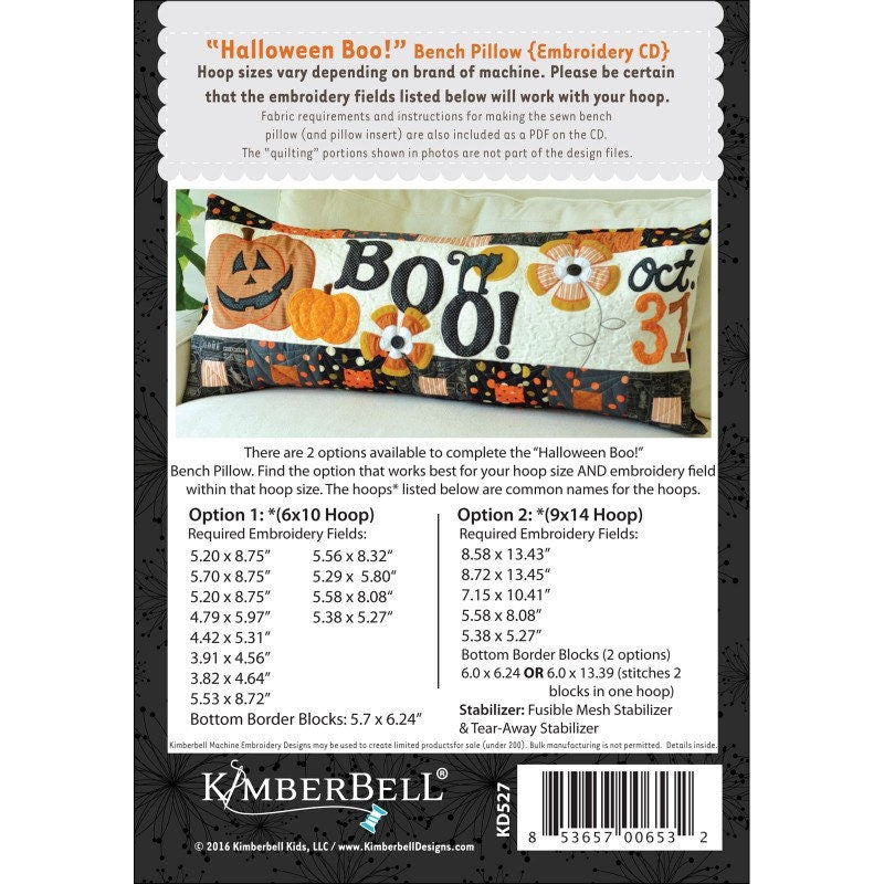 Kimberbell Halloween Boo! Bench Pillow Collection Machine Embroidery CD