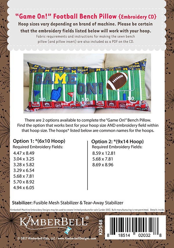 Kimberbell Game On! Football Bench Pillow Collection Machine Embroidery CD