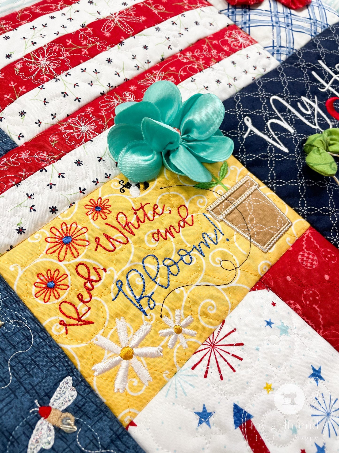 Kimberbell Red, White, & Bloom Quilt Collection (M.E. CD, Fabric Kits, Embellishment Kits, and Glide Thread Sets Available)