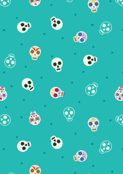 GLOWING FABRICS!! Lewis & Irene Small Things Glow Fabric Collection Glowing Sugar Skulls on Turquoise Premium 100% Cotton Fabrics