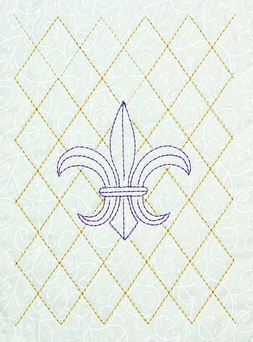 Purely Gates Mylar Marti Gras 21 Design Machine Embroidery CD w/Mylar Sheet (uses 5”x7” & 8”x8” hoops) + FleurDeLis Quilting Motif