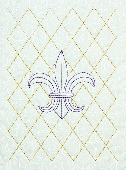 Purely Gates Mylar Marti Gras 21 Design Machine Embroidery CD w/Mylar Sheet (uses 5”x7” & 8”x8” hoops) + FleurDeLis Quilting Motif