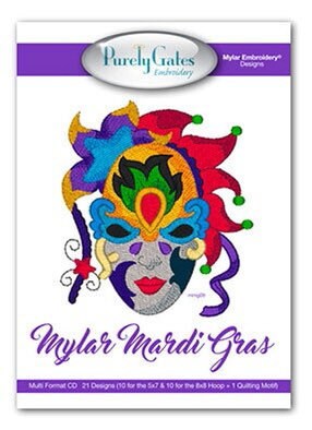 Purely Gates Mylar Marti Gras 21 Design Machine Embroidery CD w/Mylar Sheet (uses 5”x7” & 8”x8” hoops) + FleurDeLis Quilting Motif