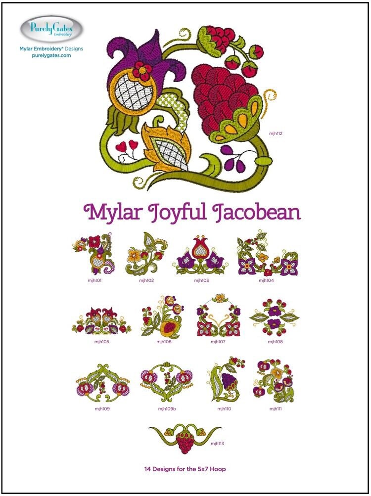 Purely Gates Mylar Joyful Jacobean 14 Design Machine Embroidery CD w/Mylar Sheet (uses 5”x7” hoop)