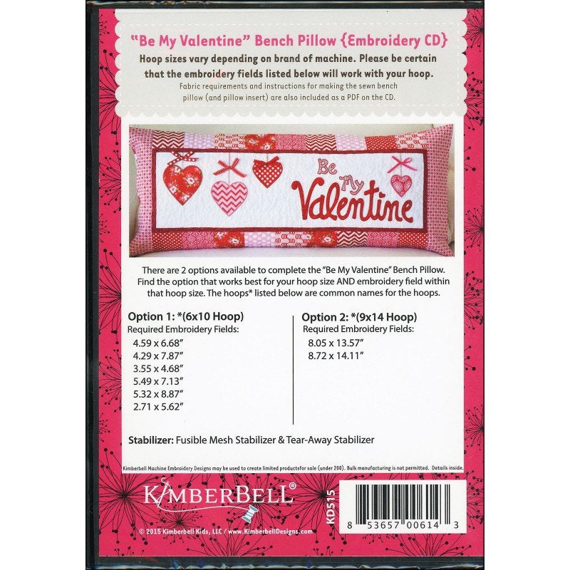 RETIRED!! Kimberbell Be My Valentine Bench Pillow Collection (Optional Machine Embroidery CD or Sewing Version Available)