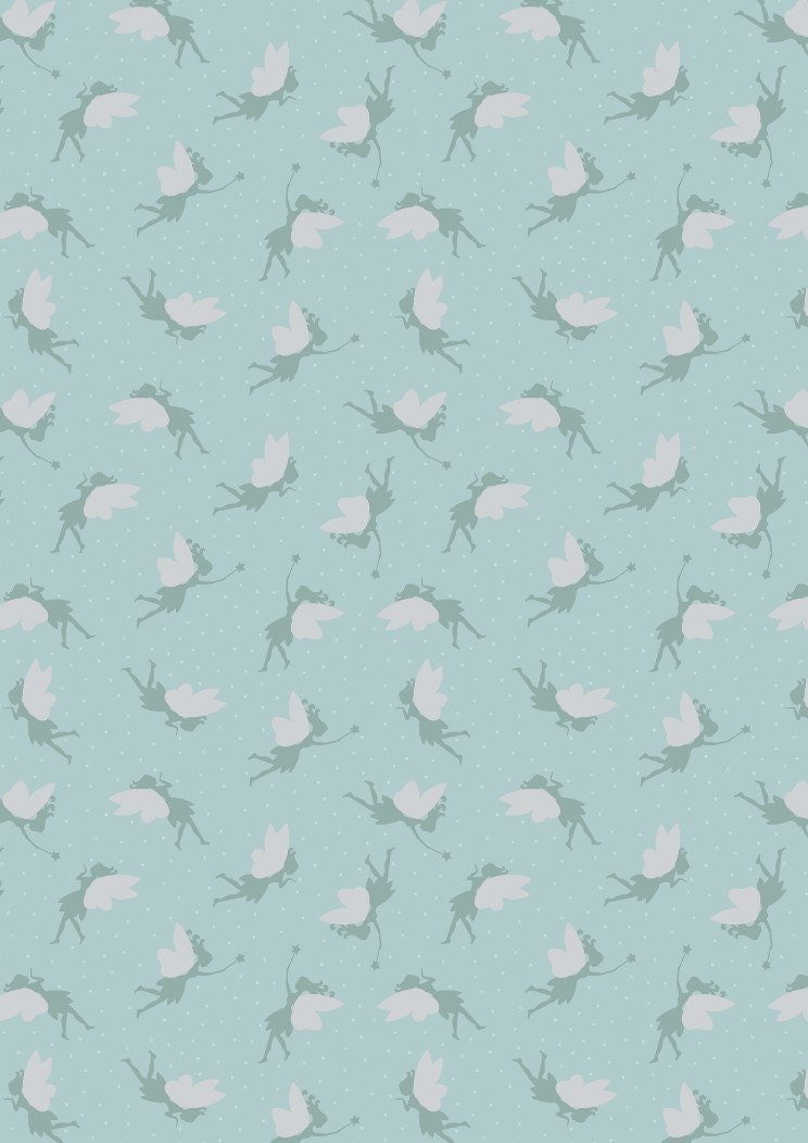 RETIRED! Lewis & Irene Small Things Mystical and Magical Fabric Collection Silver Metallic Fairies on Duck Egg Blue Premium 100% Cotton