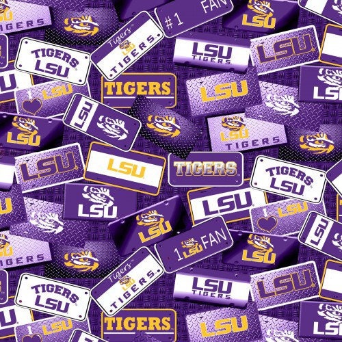 LAST BOLT! LSU Tigers (Louisiana State University) License Plate Print Fabric by Sykel Premium 100% Cotton Fabrics