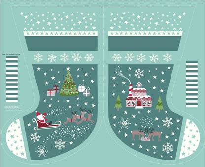 GLOWING FABRICS!! Lewis & Irene Christmas Glow Fabric Collection Stocking Panel and Lettering on Blue/Grey Premium 100% Cotton Fabrics