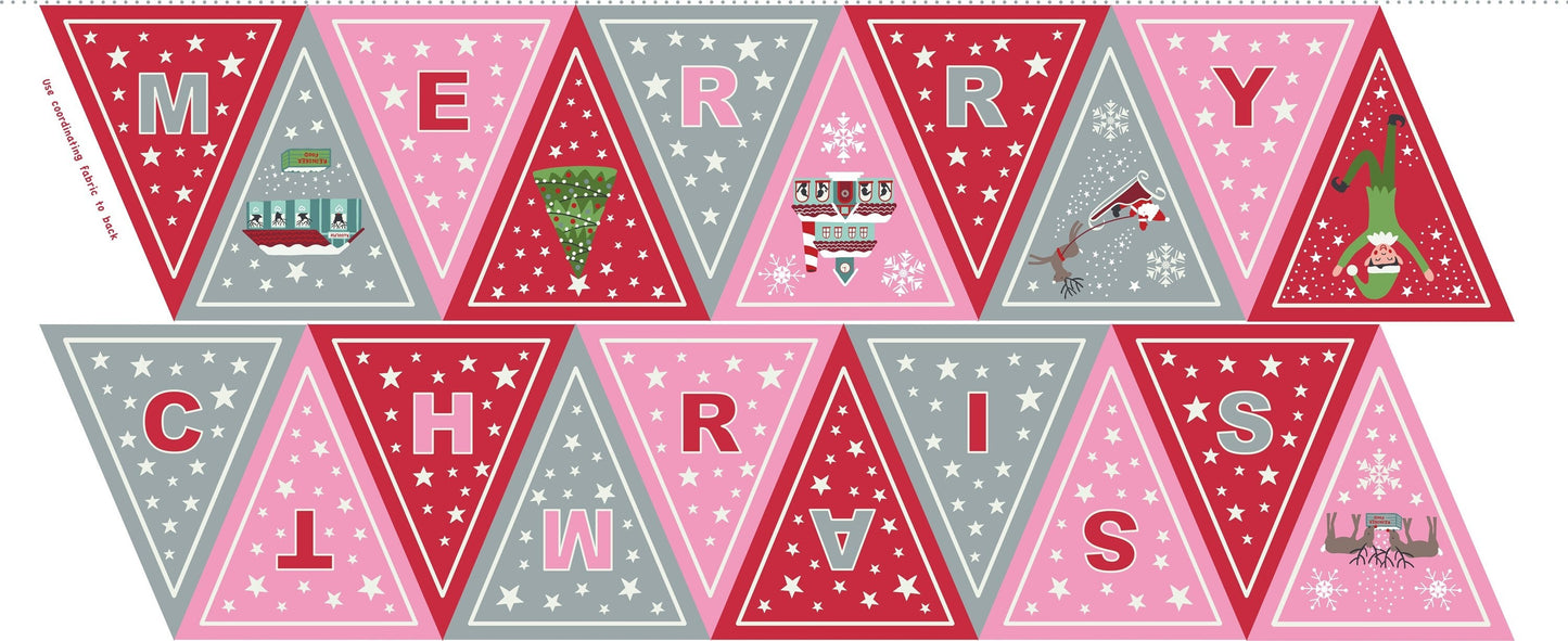 GLOWING FABRICS!! Lewis & Irene Christmas Glow Fabric Collection Merry Christmas Bunting Panel on Grey/Pink Premium 100% Cotton Fabrics