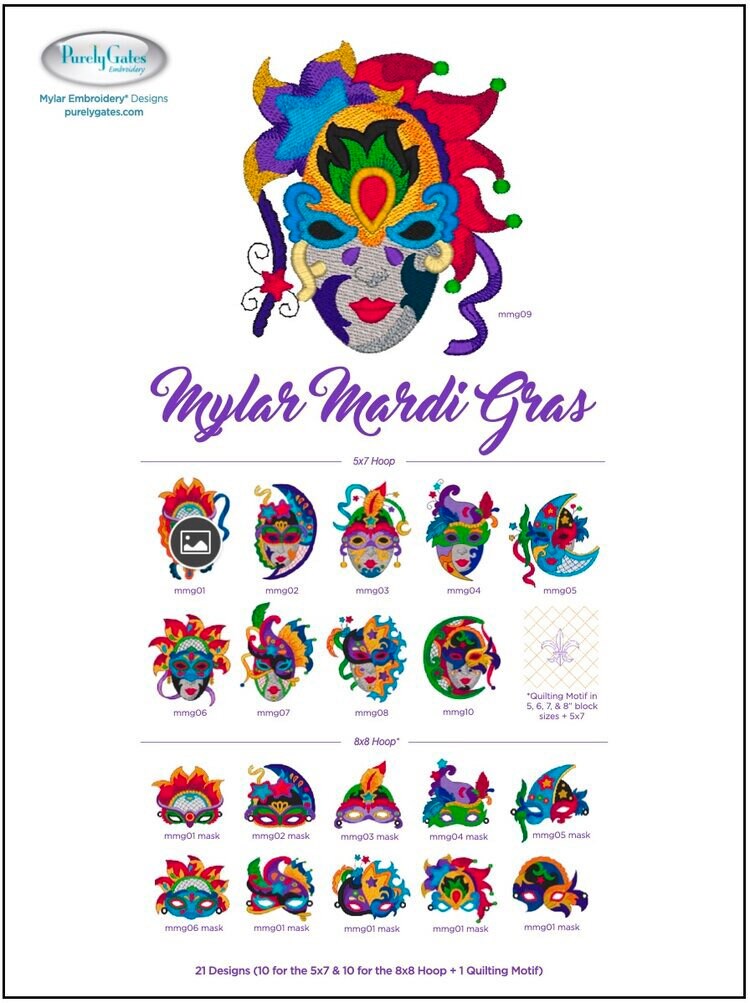 Purely Gates Mylar Marti Gras 21 Design Machine Embroidery CD w/Mylar Sheet (uses 5”x7” & 8”x8” hoops) + FleurDeLis Quilting Motif