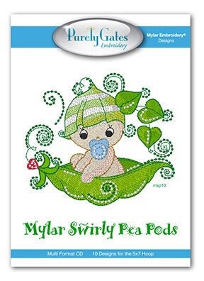 Purely Gates Mylar Swirly Pea Pods 10 Design Machine Embroidery CD w/Mylar Sheet (uses 5”x7” hoop)