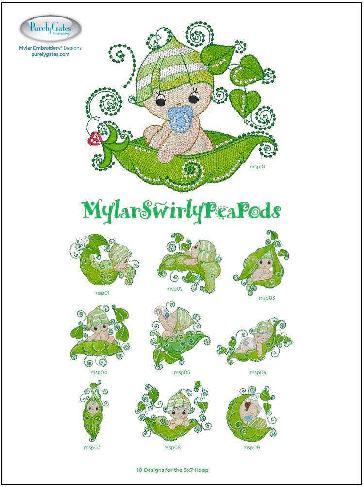 Purely Gates Mylar Swirly Pea Pods 10 Design Machine Embroidery CD w/Mylar Sheet (uses 5”x7” hoop)