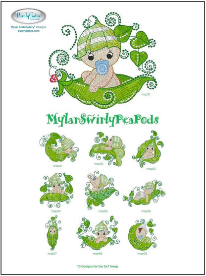 Purely Gates Mylar Swirly Pea Pods 10 Design Machine Embroidery CD w/Mylar Sheet (uses 5”x7” hoop)