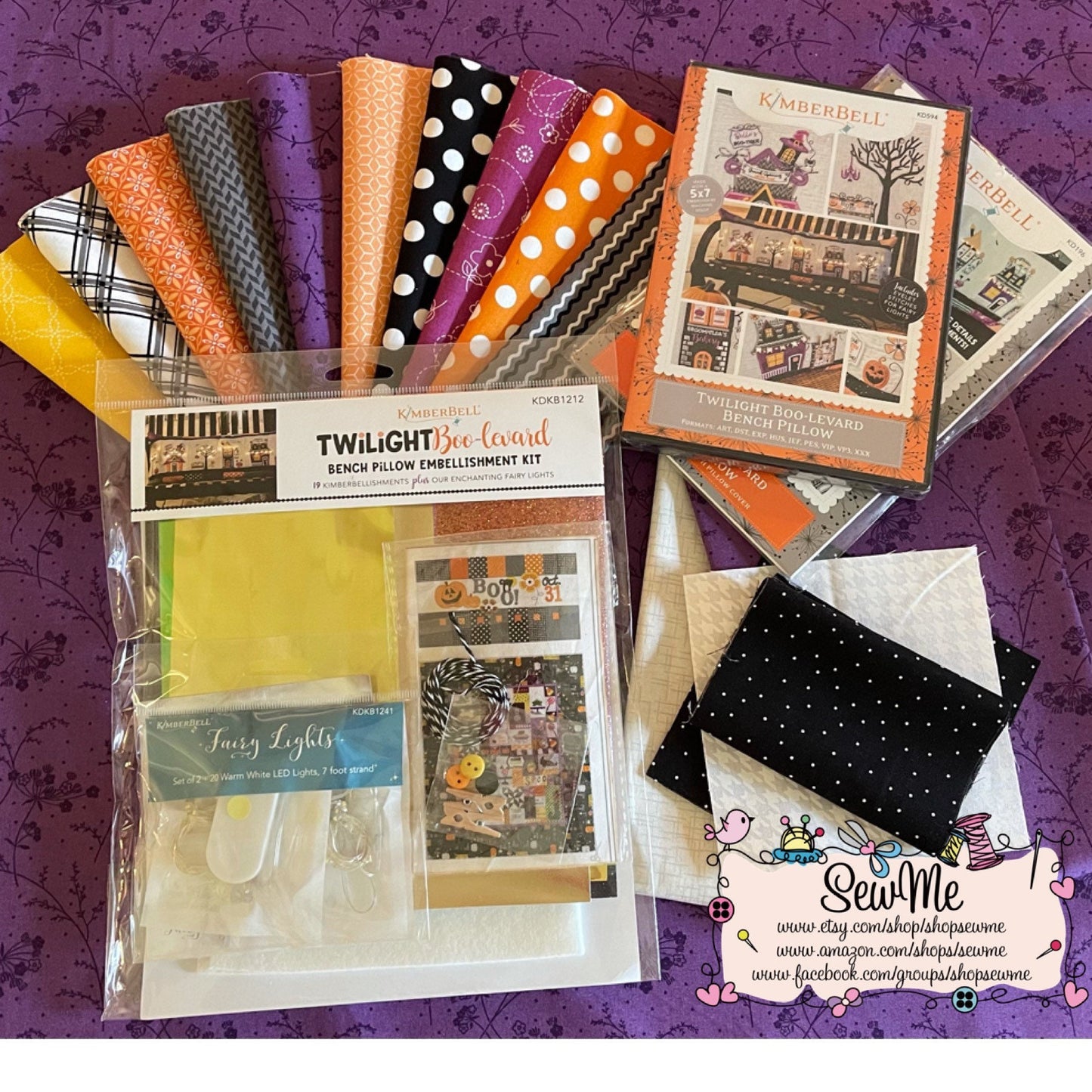 Kimberbell Twilight Boolivard Bench Pillow Collection (Opt. Machine Embroidery CD, Fabric & Backing Kit, and Embellishment Kits)