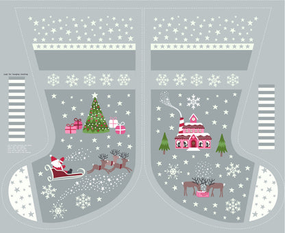 GLOWING FABRICS!! Lewis & Irene Christmas Glow Fabric Collection Stocking Panel and Lettering on Grey/Pink Premium 100% Cotton Fabrics