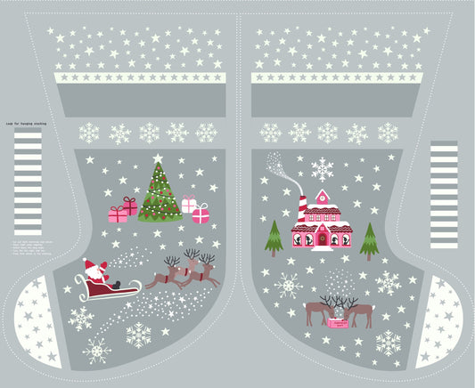 GLOWING FABRICS!! Lewis & Irene Christmas Glow Fabric Collection Stocking Panel and Lettering on Grey/Pink Premium 100% Cotton Fabrics