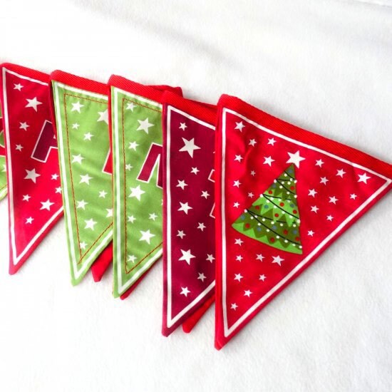 GLOWING FABRICS!! Lewis & Irene Christmas Glow Fabric Collection Merry Christmas Bunting Panel on Grey/Pink Premium 100% Cotton Fabrics