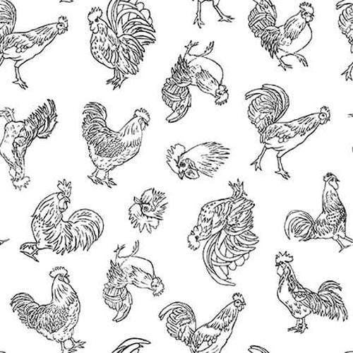 Henry Glass Farm Raised Fabric Collection Line Work Roosters on White QSQ100% Cotton