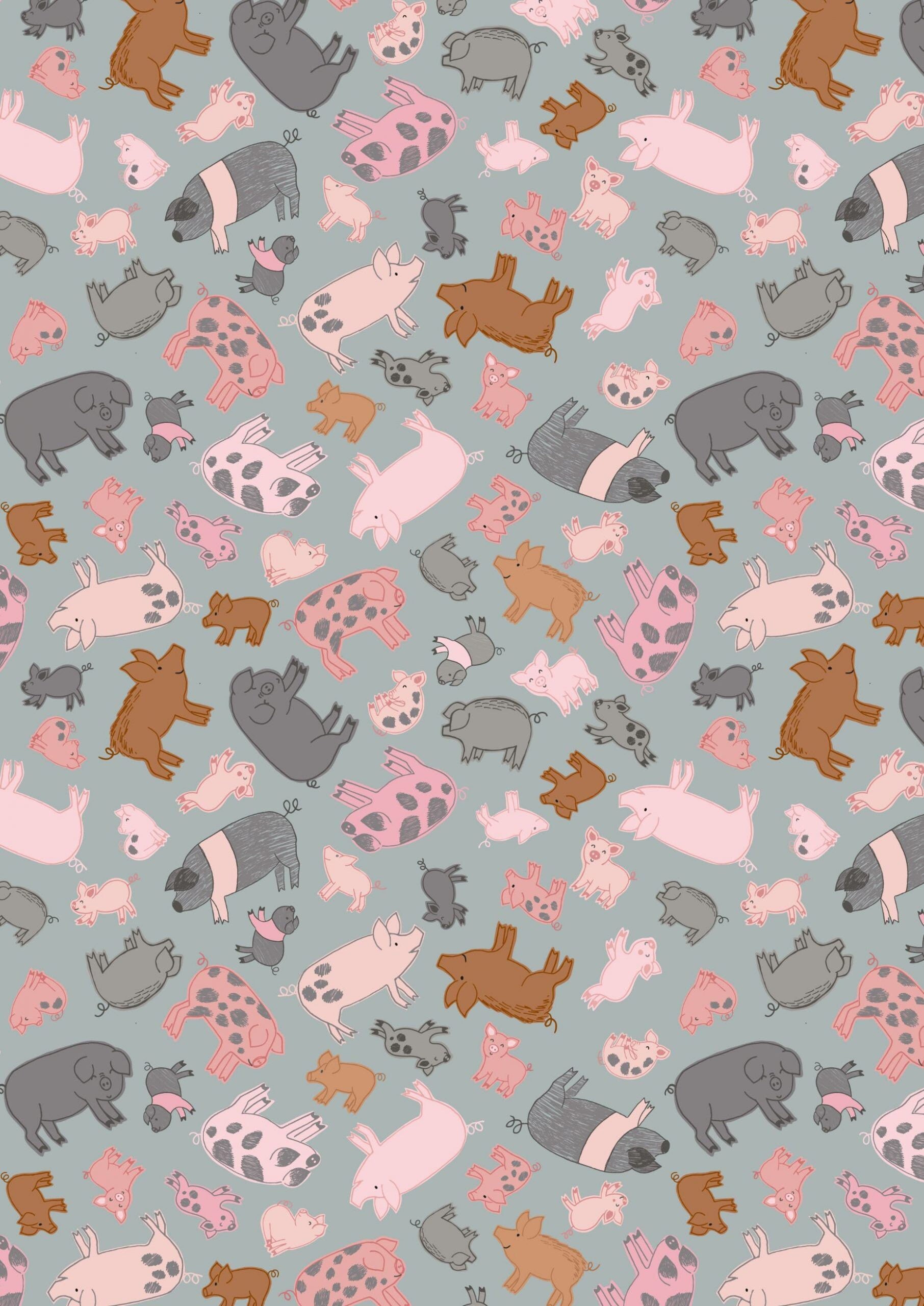 LAST BOLT! Lewis & Irene Piggy Tails Fabric Collection Piggies on Grey Premium 100% Cotton Quilt Shop Quality Fabrics