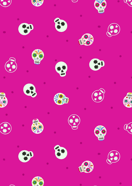 GLOWING FABRICS!! Lewis & Irene Small Things Glow Fabric Collection Glowing Sugar Skulls on Bright Pink Premium 100% Cotton Fabrics