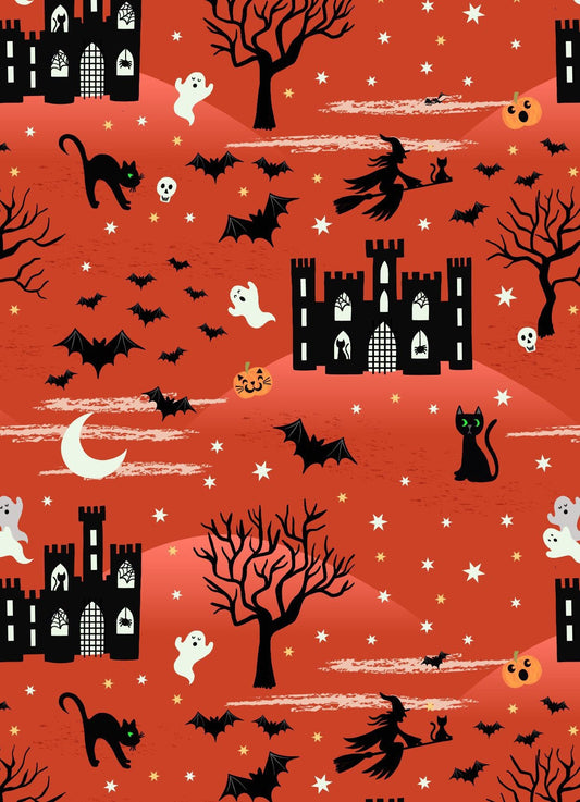 LAST BOLT!! Glowing Fabrics Lewis & Irene Castle Spooky Fabric Collection Glowing Castle Spooky on Orange Premium 100% Cotton Fabrics