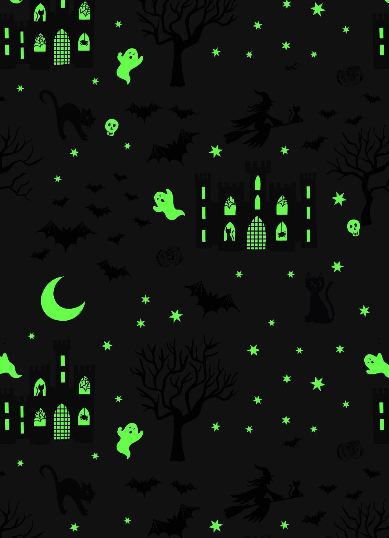 GLOWING FABRICS!! Lewis & Irene Castle Spooky Fabric Collection Glowing Castle Spooky on Grey Premium 100% Cotton Fabrics