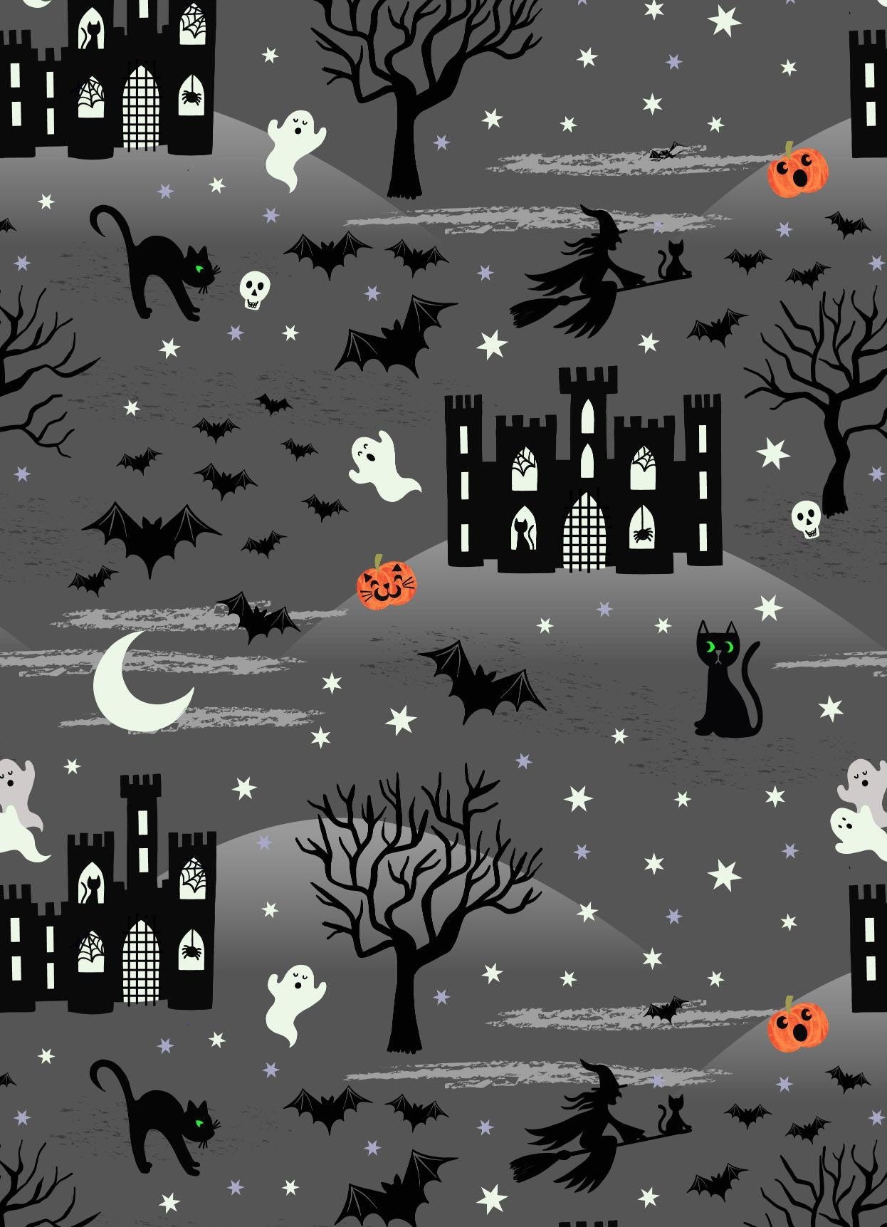 GLOWING FABRICS!! Lewis & Irene Castle Spooky Fabric Collection Glowing Castle Spooky on Grey Premium 100% Cotton Fabrics