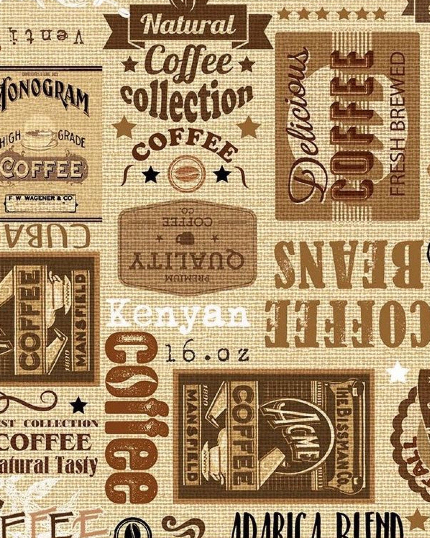 Timeless Treasures Coffee Fabric Collection Coffee Labels on Taupe Premium 100% Cotton Quilt Shop Quality Fabrics