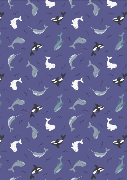 Lewis & Irene Small Things Polar Animals Fabric Collection Pearlescent Whales on Indigo Blue Premium 100% Cotton Quilt Shop Quality Fabrics