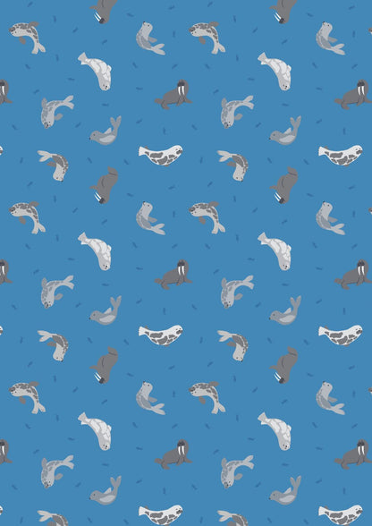 LAST BOLT!! Lewis & Irene Small Things Polar Animals Fabric Collection Pearlescent Seals on Surf Blue Premium 100% Cotton Fabrics