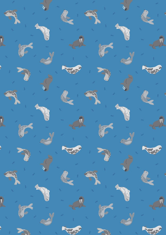 LAST BOLT!! Lewis & Irene Small Things Polar Animals Fabric Collection Pearlescent Seals on Surf Blue Premium 100% Cotton Fabrics