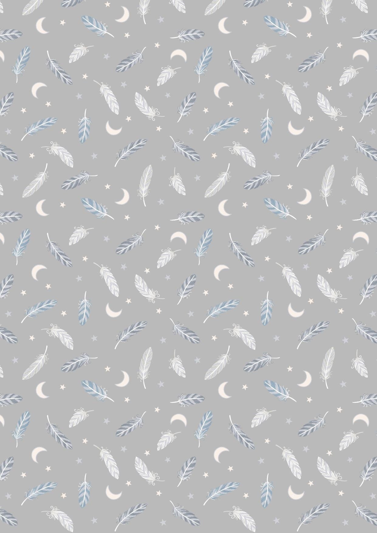 LAST BOLT! Lewis & Irene Enchanted Fabric Collection Metallic Silver Feathers and Stars on Grey Premium 100% Cotton Fabrics