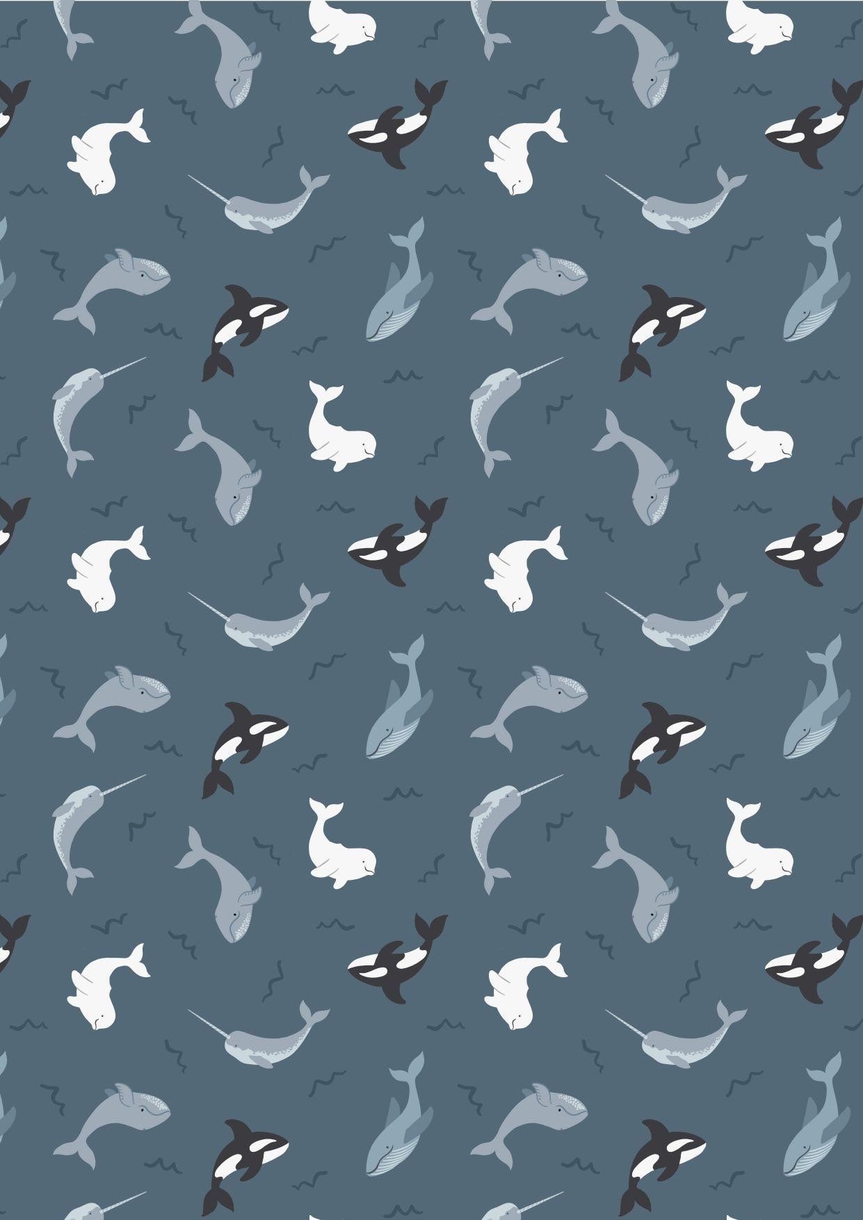 Lewis & Irene Small Things Polar Animals Fabric Collection Pearlescent Whales on DK Ocean Premium 100% Cotton Quilt Shop Quality Fabrics