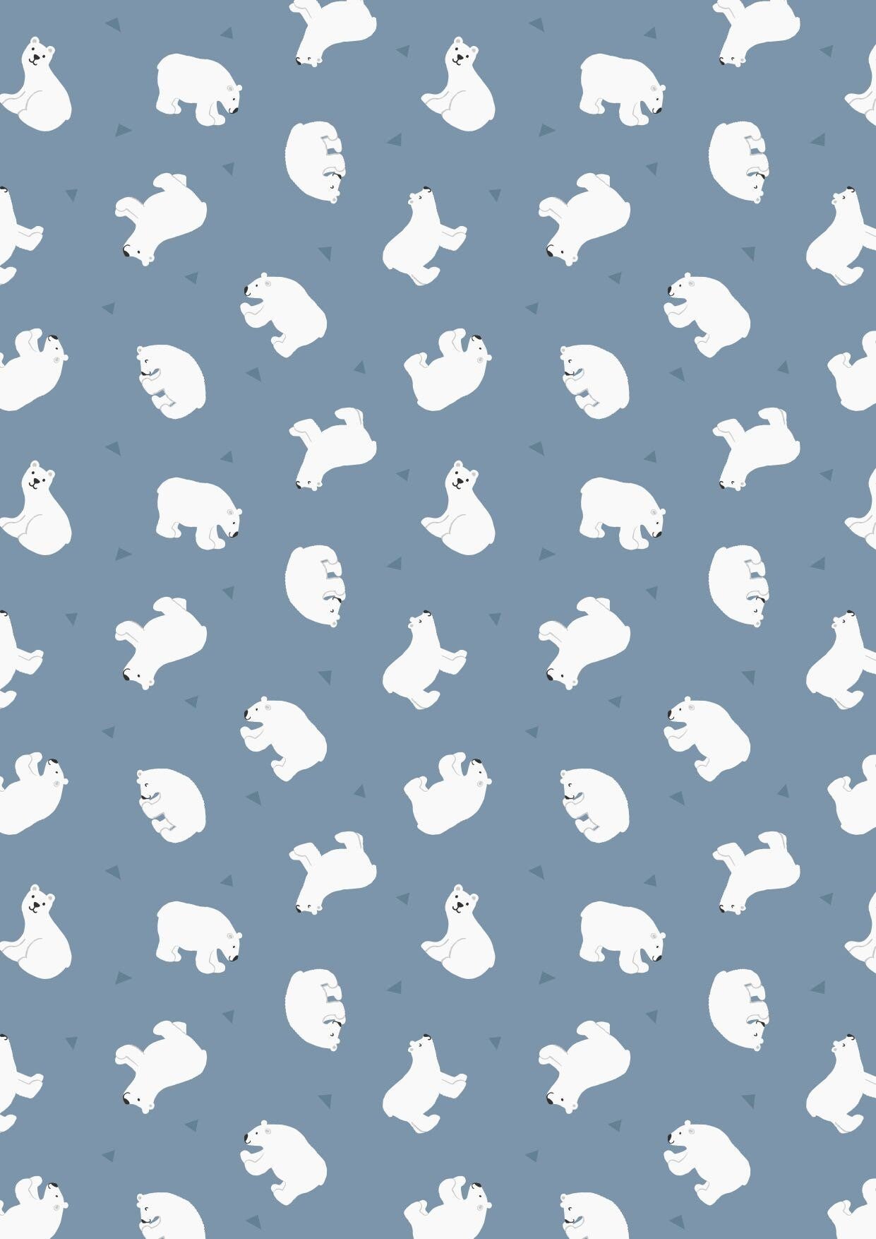 LAST BOLT! Lewis & Irene Small Things Polar Animals Fabric Collection Pearlescent Polar Bears on LT Denim Premium 100% Cotton Fabric