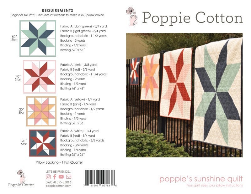 Poppie Cotton Poppie’s Sunshine Star Quilt Pattern (4 Size Variations Per Pattern)