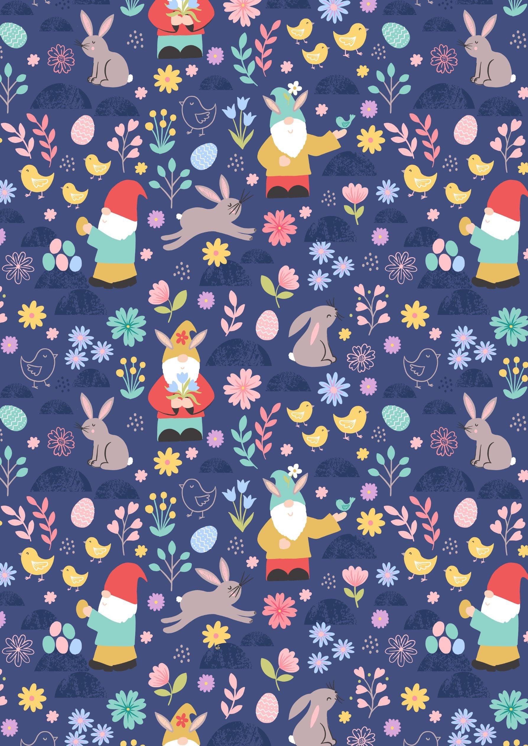 Lewis & Irene Spring Treats Fabric Collection Spring Gnomes on Dark Blue Premium 100% Cotton Quilt Shop Quality Fabrics