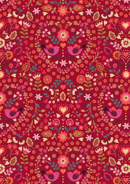 LAST BOLT!! Lewis & Irene Little Matryoshka Fabric Collection Little Bird Floral Heart on Red Premium 100% Cotton Quilt Shop Quality Fabrics