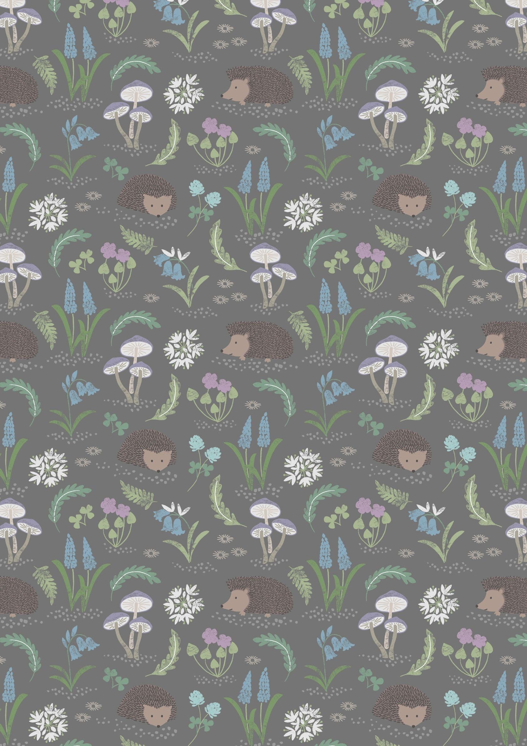 Lewis & Irene Bluebell Wood Reloved Fabric Collection Hedgehog on Grey Premium 100% Cotton Quilt Shop Quality Fabrics