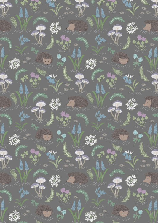 Lewis & Irene Bluebell Wood Reloved Fabric Collection Hedgehog on Grey Premium 100% Cotton Quilt Shop Quality Fabrics