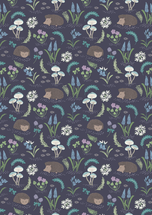 LAST BOLT! Lewis & Irene Bluebell Wood Reloved Fabric Collection Hedgehog on Dark Blue Premium 100% Cotton Quilt Shop Quality Fabrics