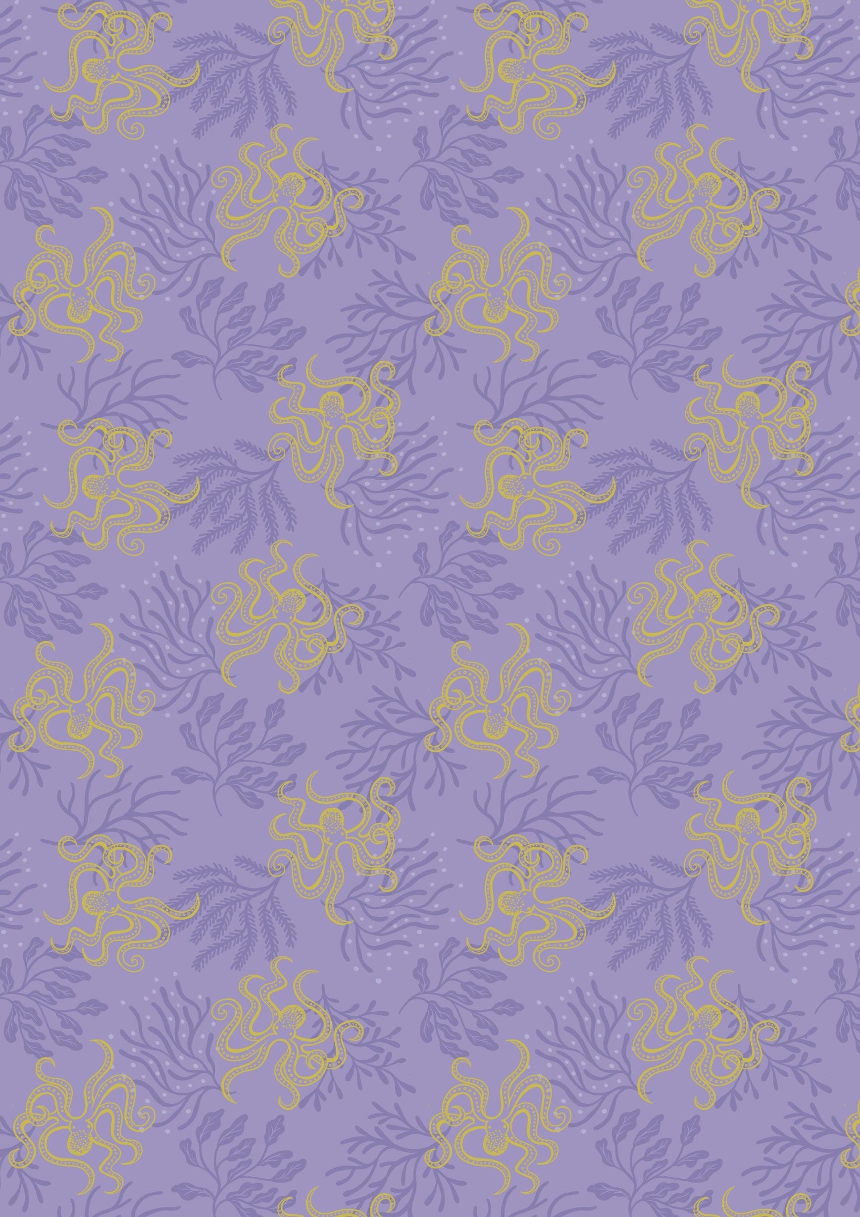 Lewis & Irene Moontide Fabric Collection Metallic Gold Octopus on Purple Premium 100% Cotton Quilt Shop Quality Fabrics