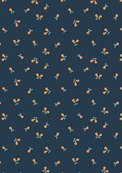 Lewis & Irene Wintertide Fabric Collection Metallic Copper Pears on Dark Blue Premium 100% Cotton Quilt Shop Quality Fabrics