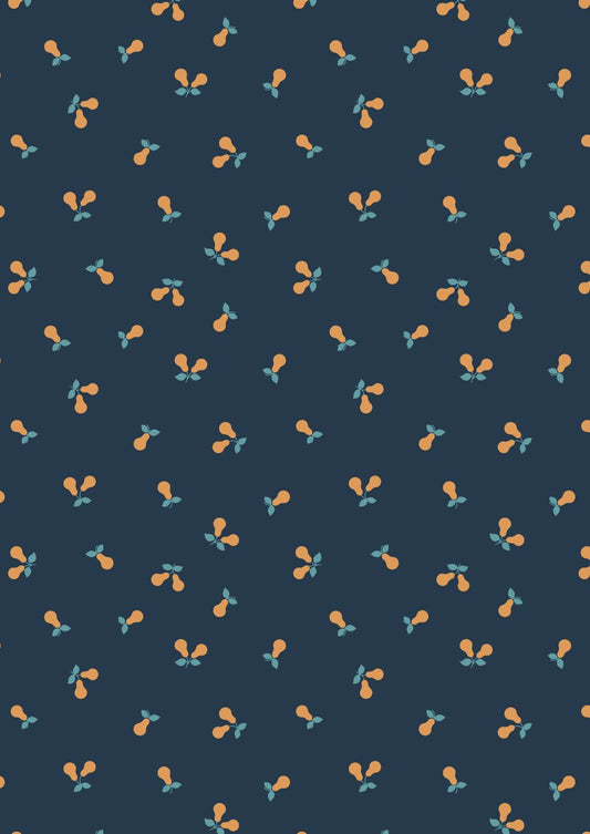 Lewis & Irene Wintertide Fabric Collection Metallic Copper Pears on Dark Blue Premium 100% Cotton Quilt Shop Quality Fabrics