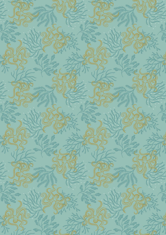 Lewis & Irene Moontide Fabric Collection Metallic Gold Octopus on Aqua Premium 100% Cotton Quilt Shop Quality Fabrics