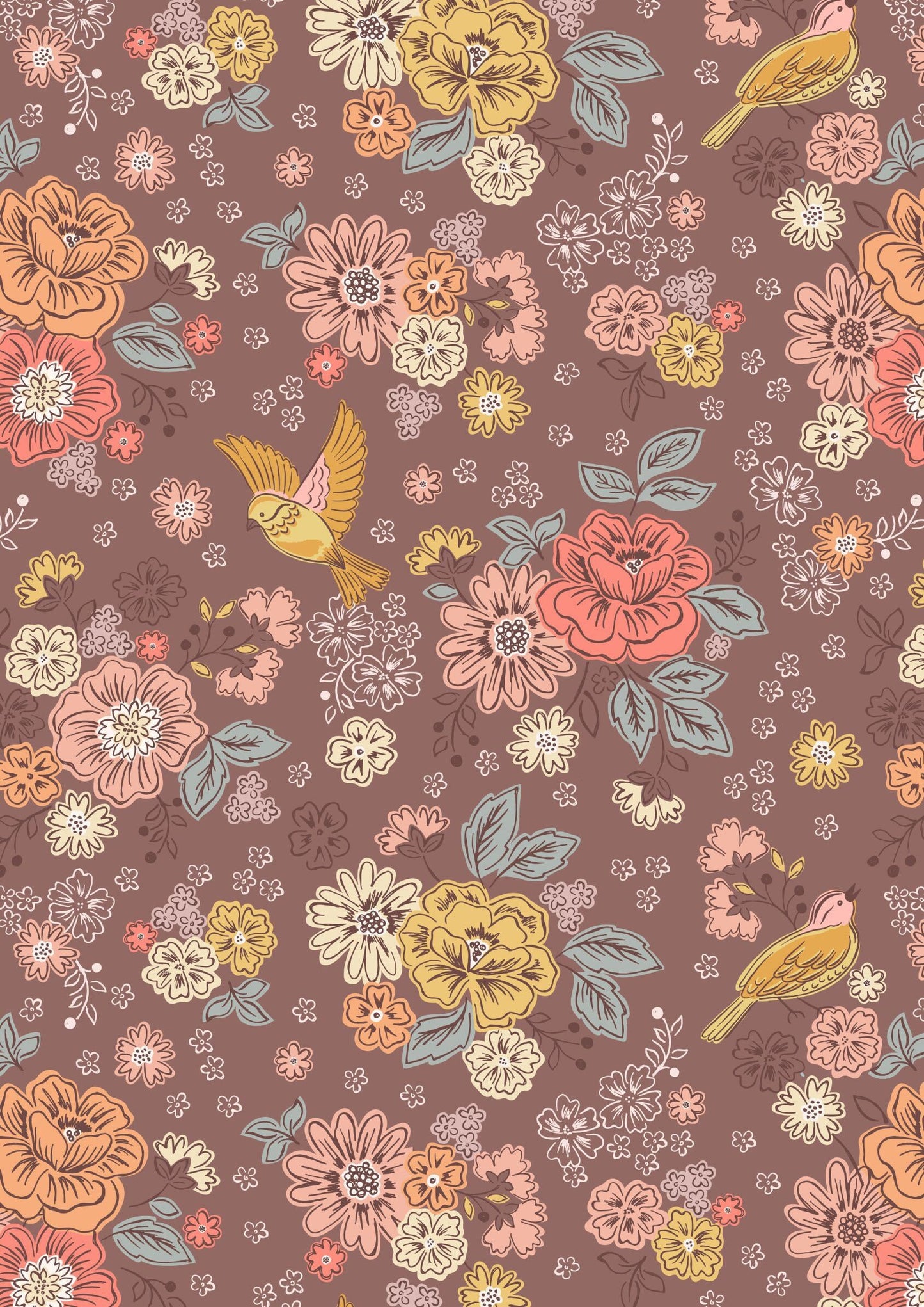 LAST BOLT! Lewis & Irene Hannah’s Flowers Fabric Collection Songbirds and Flowers on Soft Brown Premium 100% Cotton Fabric