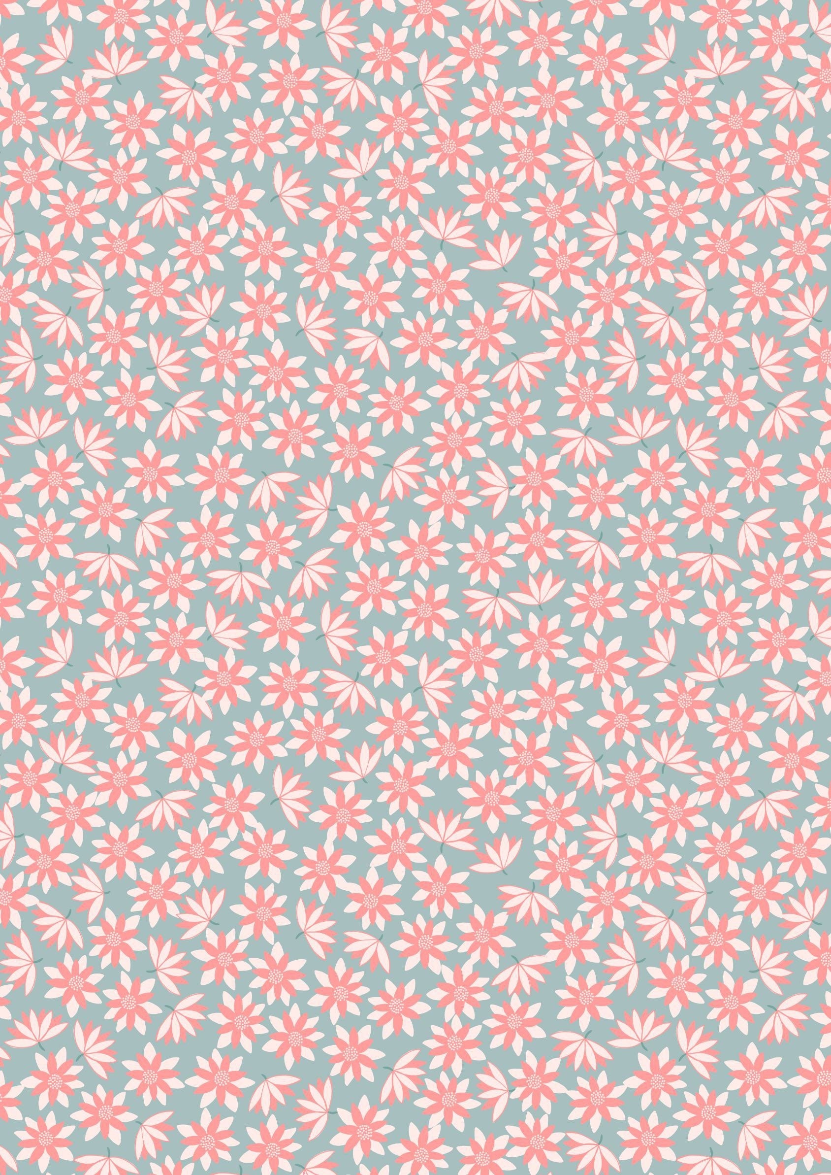 Lewis & Irene On The Lake Fabric Collection Pink Lillies on Blue Premium 100% Cotton Quilt Shop Quality Fabrics