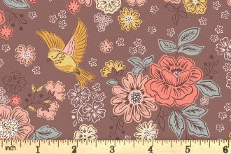 LAST BOLT! Lewis & Irene Hannah’s Flowers Fabric Collection Songbirds and Flowers on Soft Brown Premium 100% Cotton Fabric